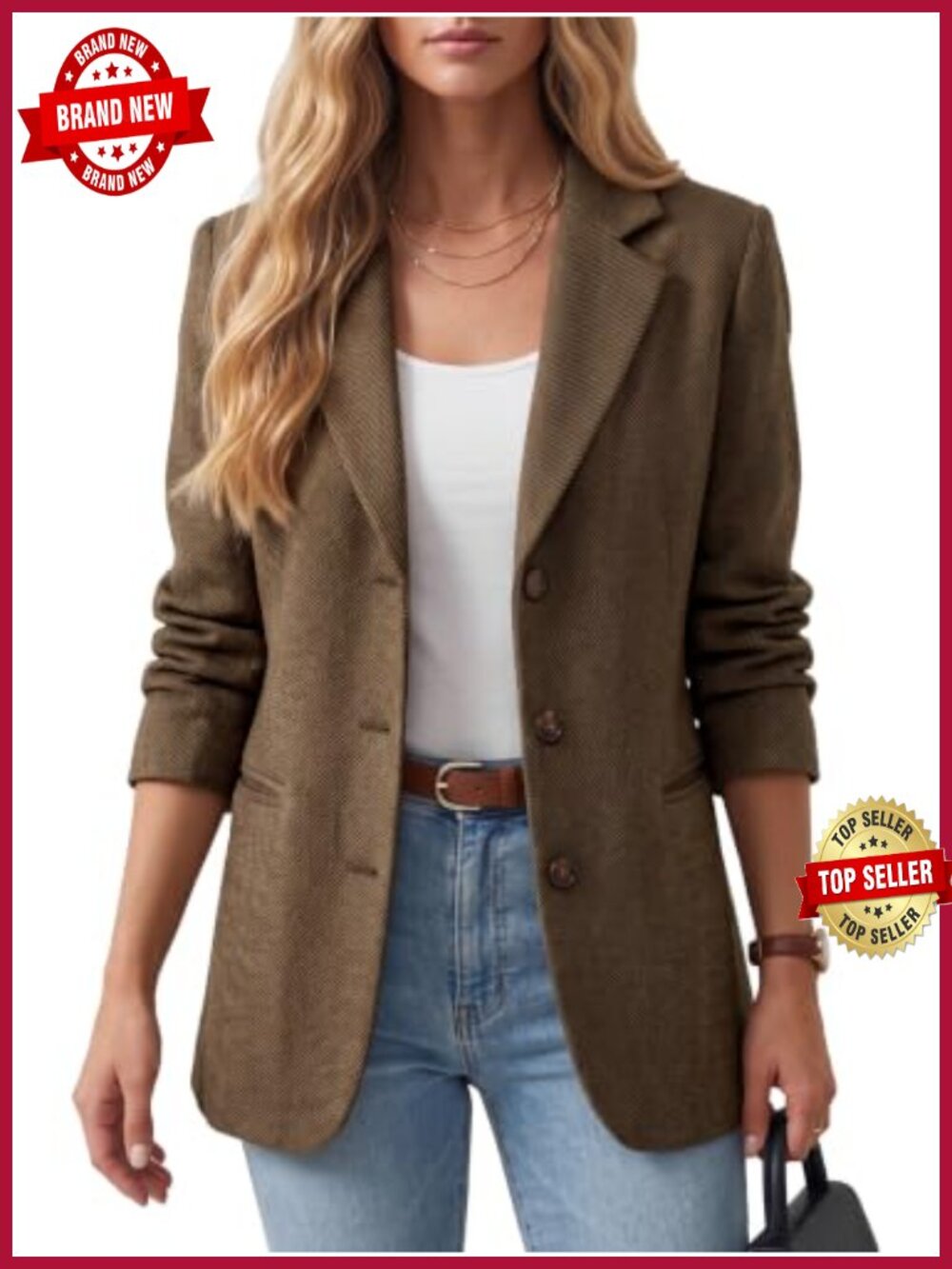 Wool Blend Herringbone Tweed Blazer Notch Lapel Long Sleeve Business Casual